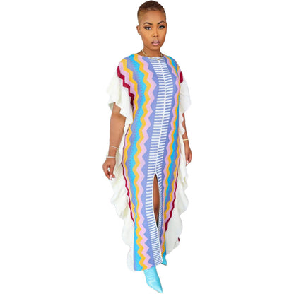 Women Casual Ruffled Knit Stripe Split Maxi Dress