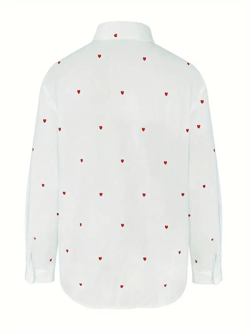 Blusa informal de manga larga con solapa y estampado de amor para mujer