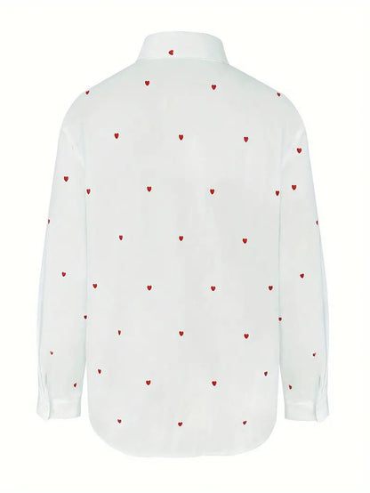 Blusa informal de manga larga con solapa y estampado de amor para mujer
