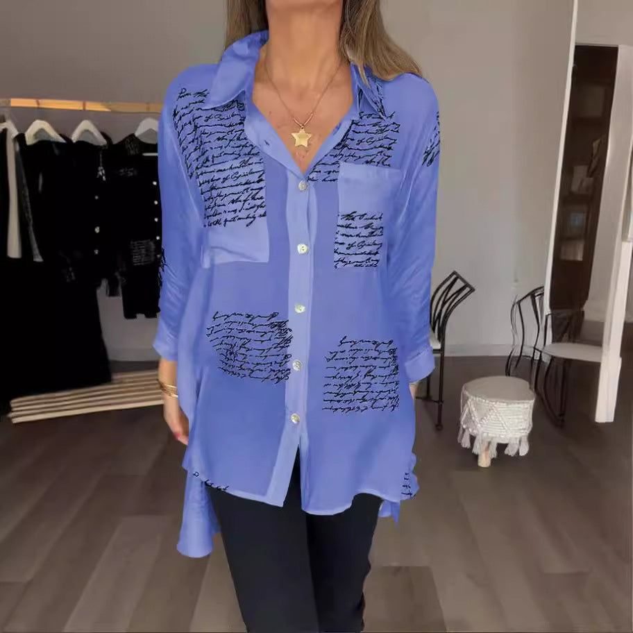 Blusa informal de manga larga con solapa y estampado de letras para mujer