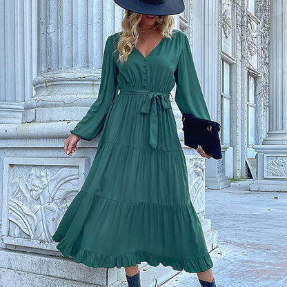 Vestido midi plisado con volantes de manga larga para mujer, informal, de otoño e invierno