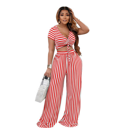 Women Fashion Casual Stripe Print Drawstring Short Sleeve Top Loose Pants Set