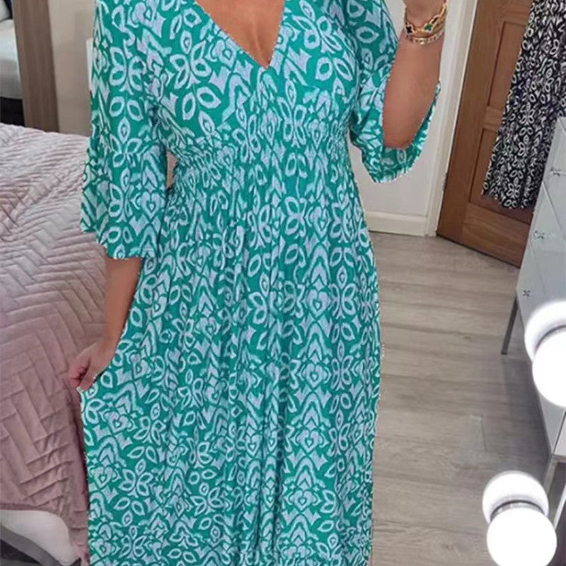 Casual Fashion Women Floral V Neck Loose Maxi Dress