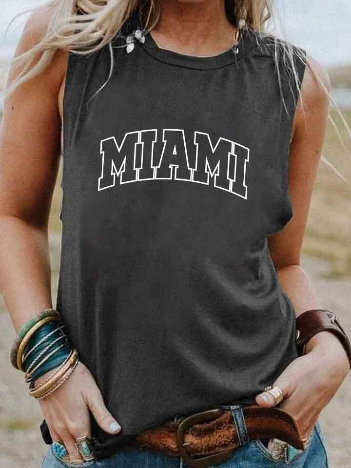 Women Simple Casual Letter Print Round Neck Sleeveless Tank Top