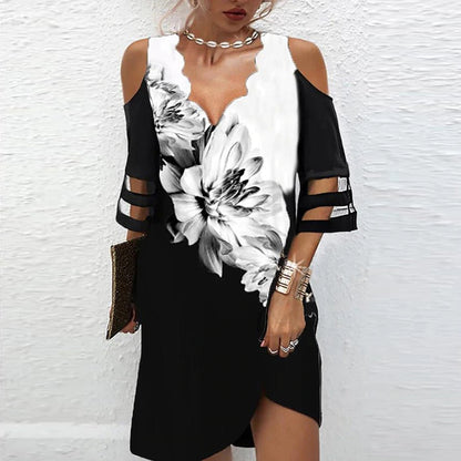 Vestido mini holgado informal de verano para mujer, elegante, de manga corta, con escote en V y hombros descubiertos, de malla y retazos
