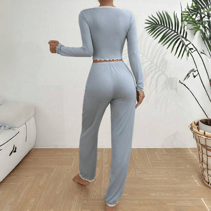 Pijama informal de encaje de color liso para mujer, ropa larga