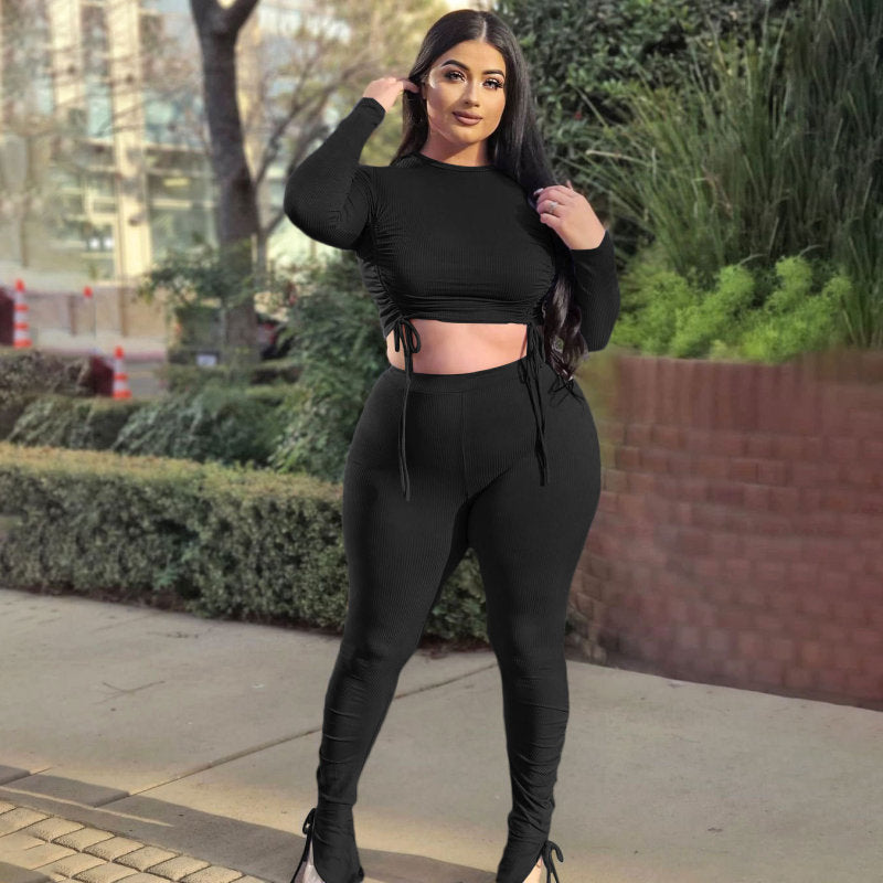 Conjunto de camiseta y pantalón de punto acanalado de manga larga con cordón para mujer, informal, de talla grande