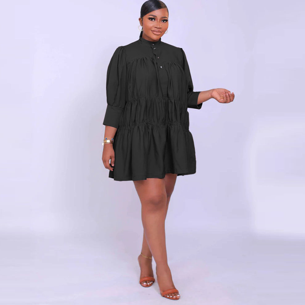 Women Simple Loose Casual Half High Neck Long Sleeve Dress