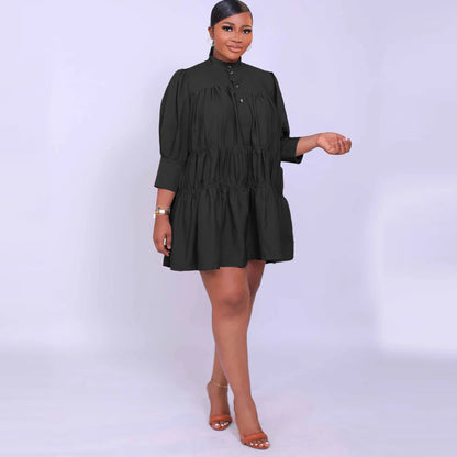 Women Simple Loose Casual Half High Neck Long Sleeve Dress