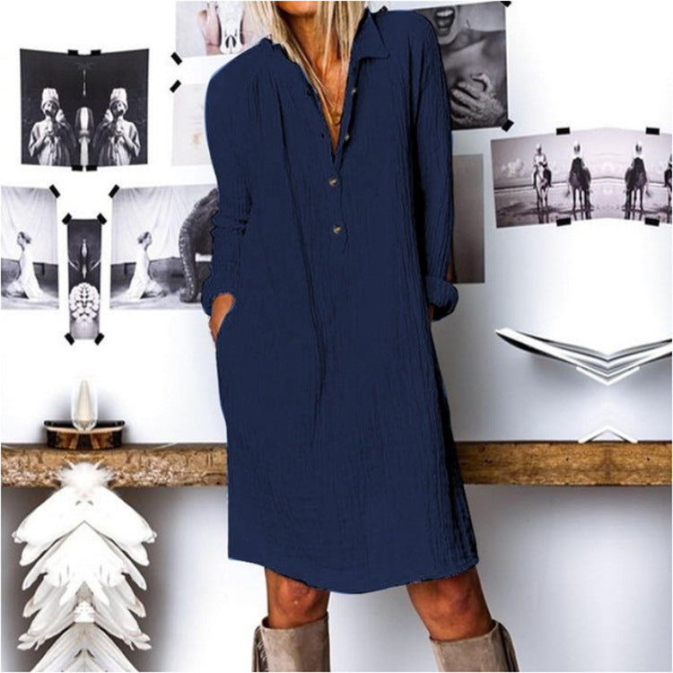 Women Solid Color Casual Basic Loose Long-Sleeved Shirt Dress
