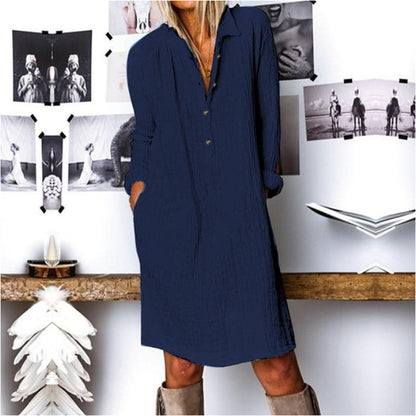 Women Solid Color Casual Basic Loose Long-Sleeved Shirt Dress