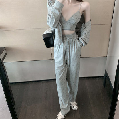 Conjunto de tres piezas informal holgado con top de tirantes estampado y abrigo y pantalón de manga larga para mujer