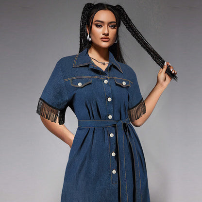 Vestido informal de moda para mujer con solapa, manga corta, borlas, botones y cinturón