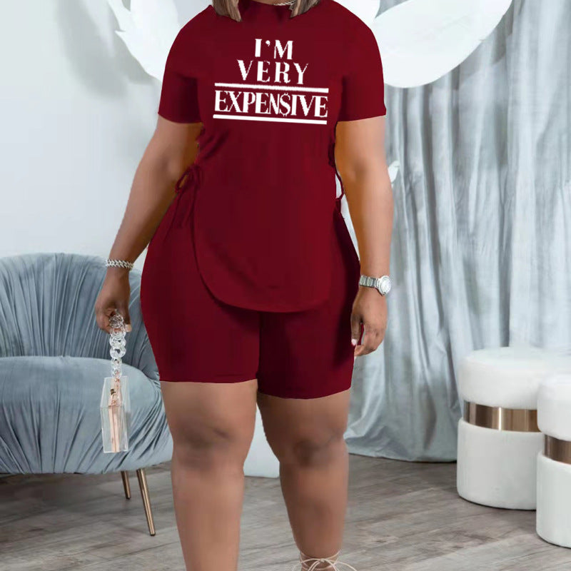 Women Casual Slit Strap Letter Printed Short Sleeve T-Shirt And Solid Color Shorts Fashion Sports Two Pieces Set