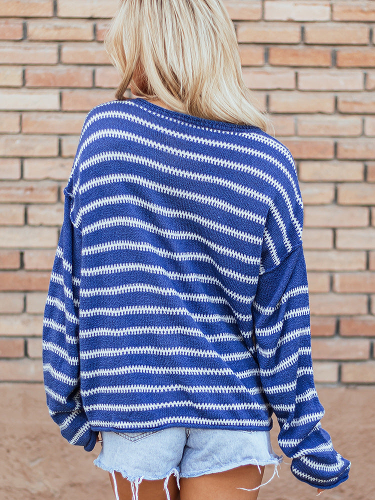 Suéter de punto de manga larga con cuello redondo holgado a rayas informal para mujer de otoño e invierno