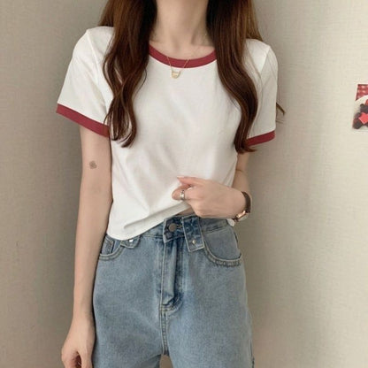 Women Casual Basic Round Neck Color Blocking Summer Short-sleeved Summer Crop Top