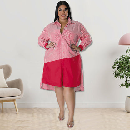 Women Fashion Casual Plus Size Stripe Long Sleeve Dress