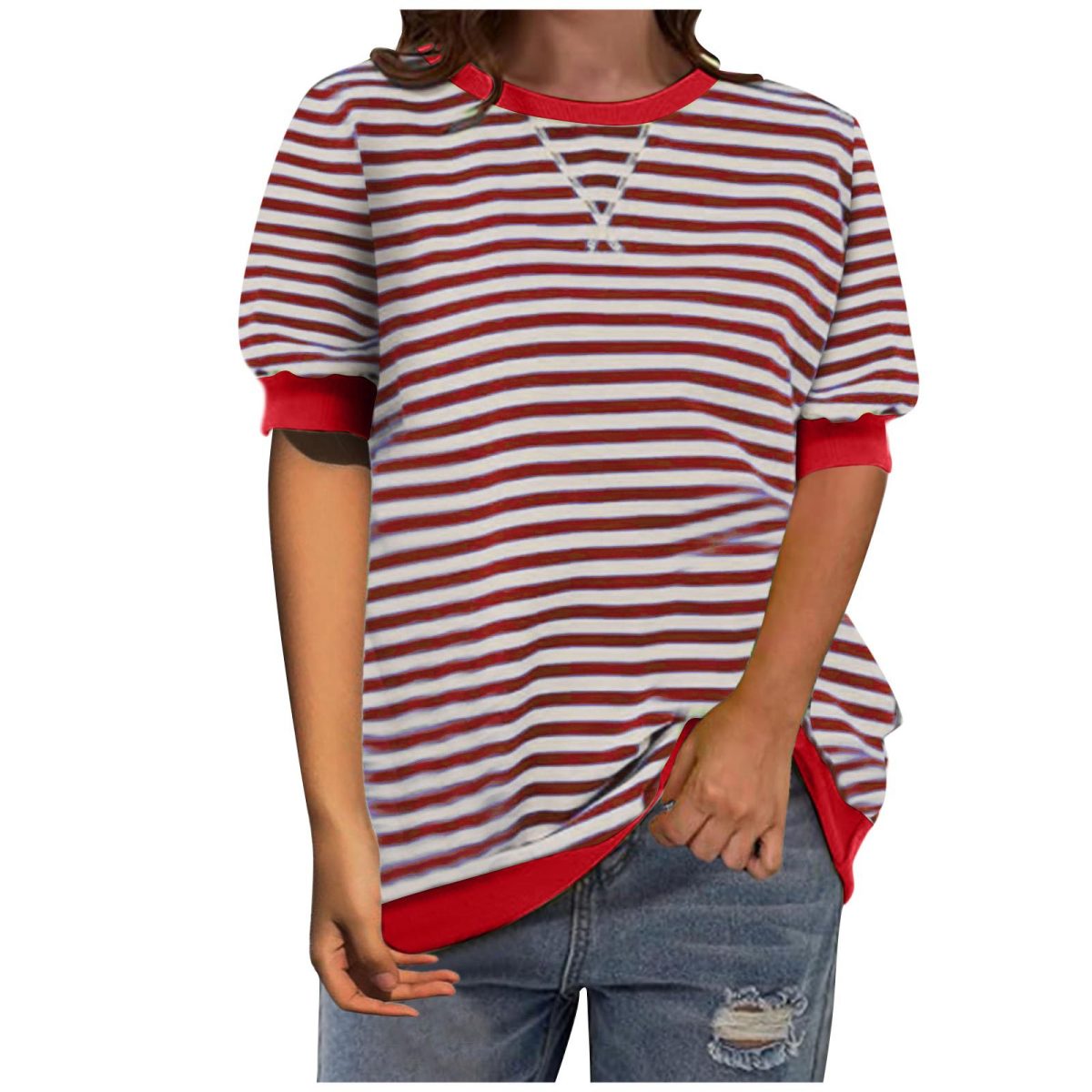 Camiseta informal sencilla de manga corta con estampado de rayas y cuello redondo con bloques de color para mujer