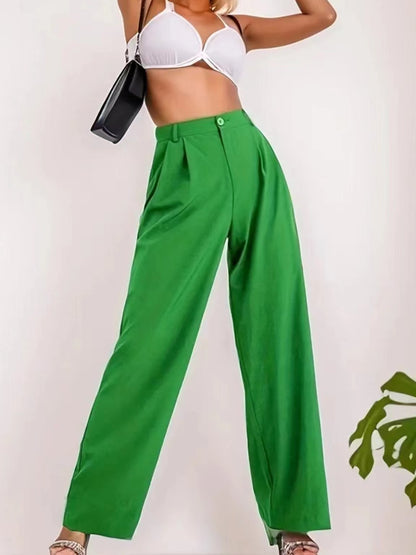 Women Fashion Casual High Waist Solid Color Straight Leg Pants