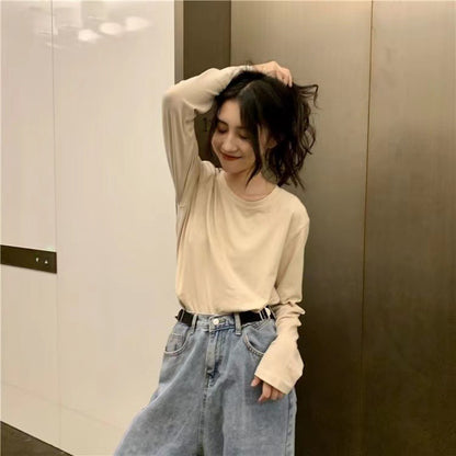 Camiseta informal de manga larga con cuello redondo y color liso para mujer
