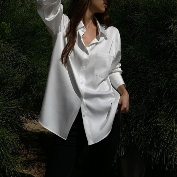 Blusa informal de manga larga con solapa de satén de color liso para mujer