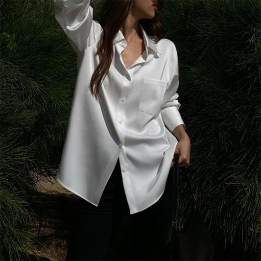 Blusa informal de manga larga con solapa de satén de color liso para mujer