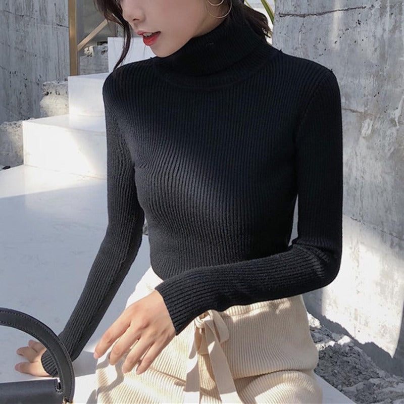 Top de punto de manga larga con cuello alto y color liso informal básico a la moda para mujer