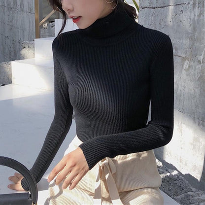 Top de punto de manga larga con cuello alto y color liso informal básico a la moda para mujer