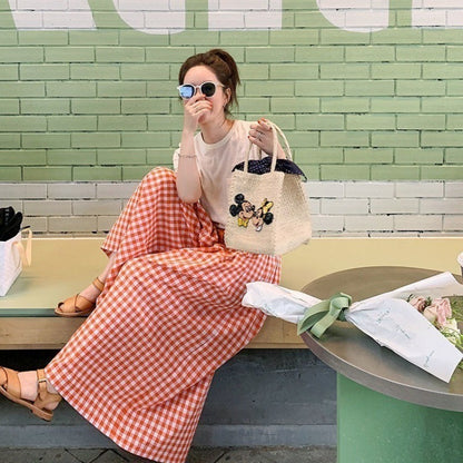 Pantalones casuales holgados de cintura alta elásticos con estampado de cuadros sencillos de verano para mujer