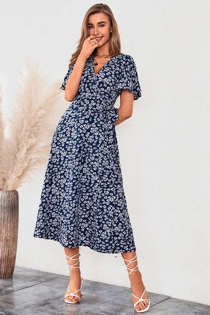 Women Casual Summer Vacation Floral Print Short Sleeve V Neck Dress