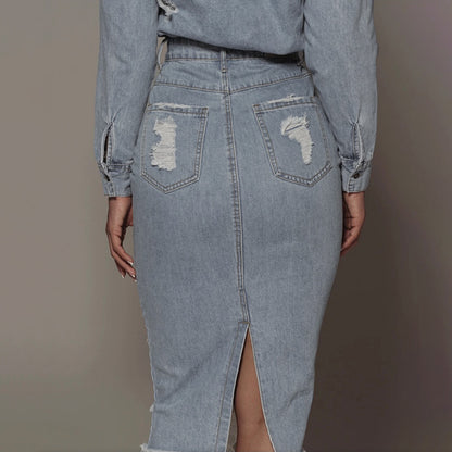 Retro Casual Women Solid Color Mid Length Blue Ripped Denim One Step Skirt