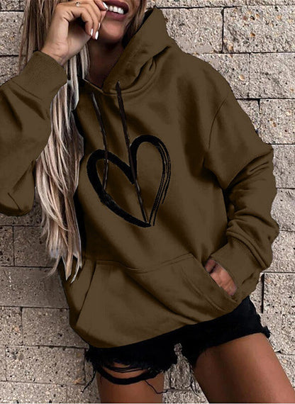 Sudadera básica informal con capucha y estampado de corazón para mujer, de manga larga