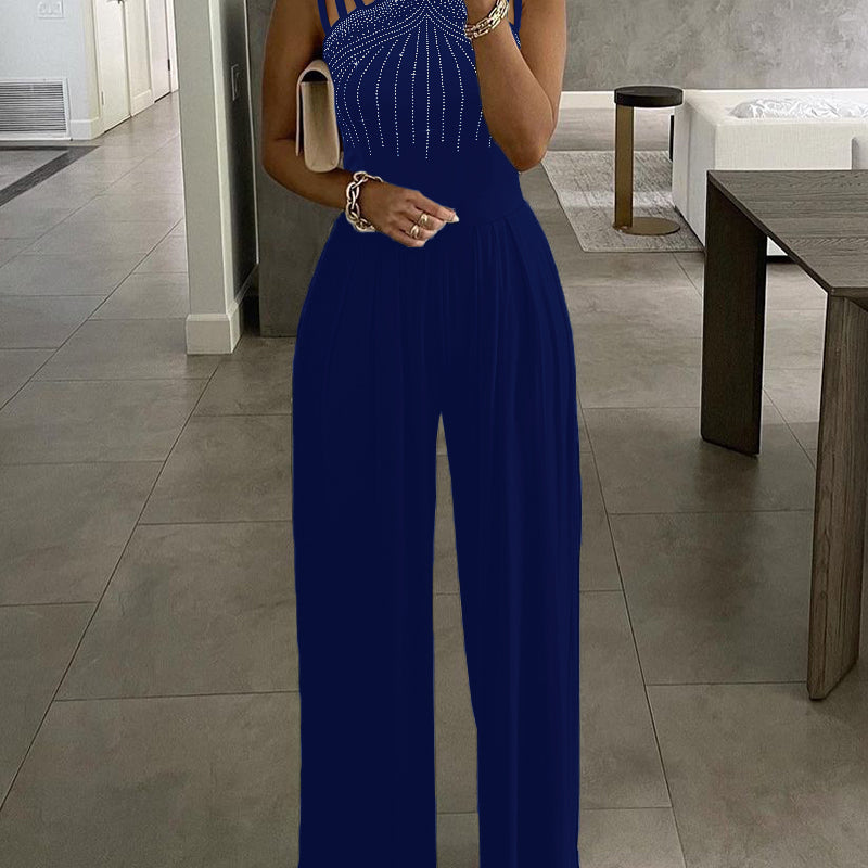 Summer Women Sexy Elegant Cut Out Casual Sleeveless Rhinestone Wide Leg Jumpsuits