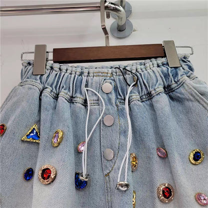 Women Fashion Casual Multicolor Rhinestone Loose High Waist Wide Leg Denim Shorts