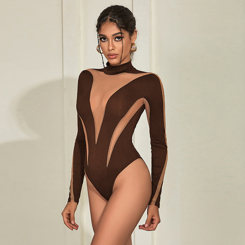 Summer Women Sexy Casual Mesh Stitching High Waist Long Sleeve Tight Bodysuit