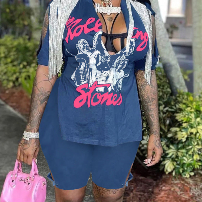 Plus Size Women Casual Short Sleeves Top And Shorts Fringed Print Two-Piece Set