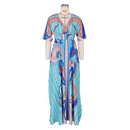Women Fashion Casual Printed V-Neck Butterfly Sleeve Split Dress