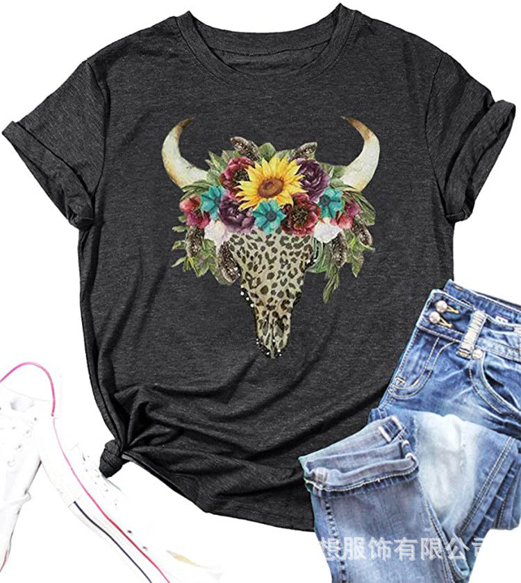 Camiseta informal de verano para mujer con estampado de cabeza de vaca, estilo retro occidental, cuello redondo y manga corta