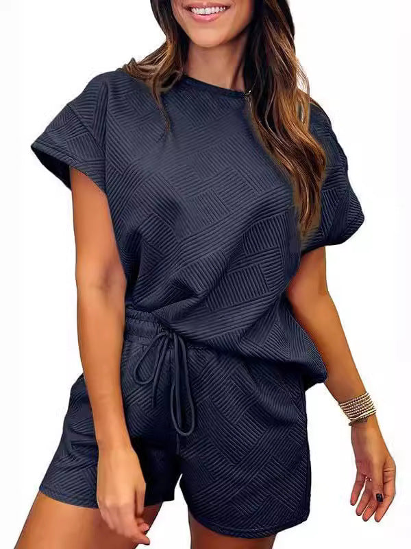 Conjunto de dos piezas informal para mujer, color liso, cuello redondo, manga corta, pantalones cortos con cordones