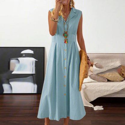 Vestido informal de color liso con solapa y botones para mujer
