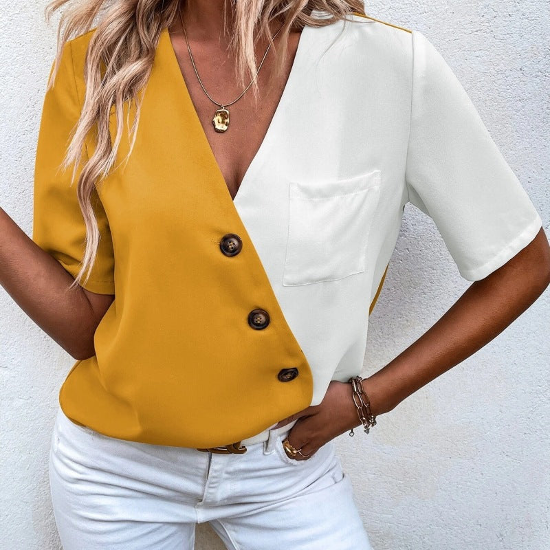 Blusa informal de verano de gasa con cuello en V y manga corta con bloques de color para mujer