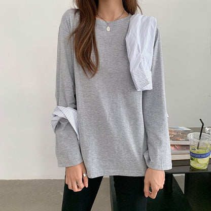 Camiseta informal holgada de manga larga con cuello redondo para mujer