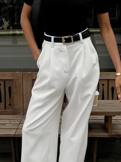 Women Fashion Casual Solid Color High Waist Straight Pants