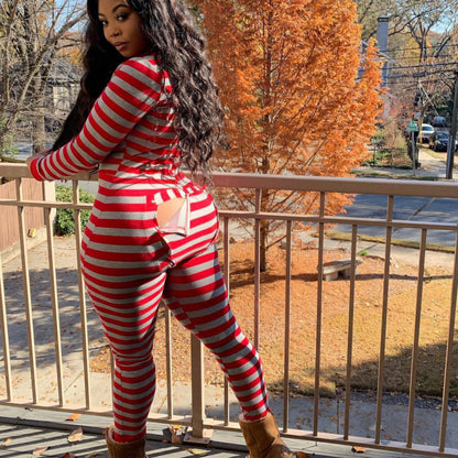 Women Fashion Casual Stripe Printing Long Sleeve Jumpsuit