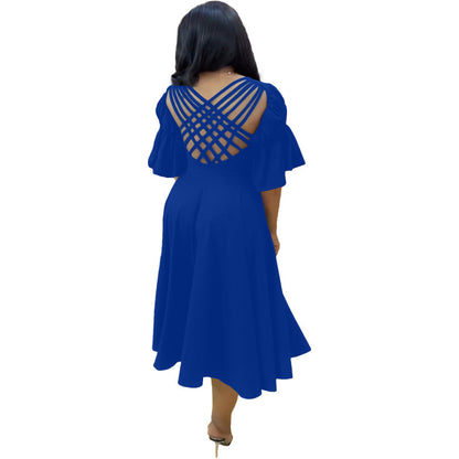 Women Casual Fashion V-Neck Ruffled Sleeves Hollow Backless Slit Swing Midi Dress