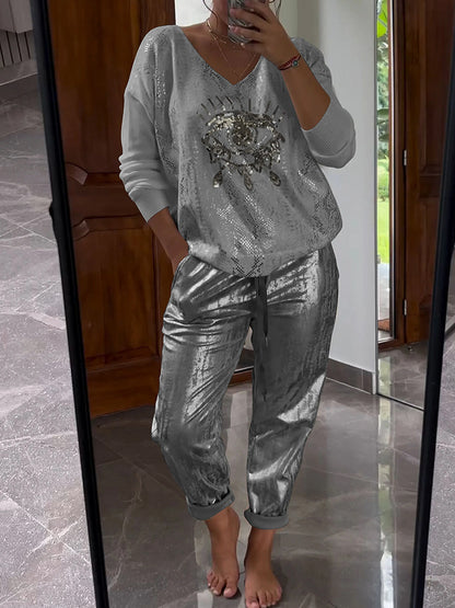 Conjunto de top y pantalón bronceador con efecto ojo malvado para mujer, informal, a la moda, brillante