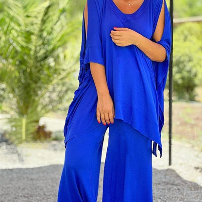 Conjunto de dos piezas para mujer, holgado, informal, con escote en V, pantalones de pierna ancha y talla grande