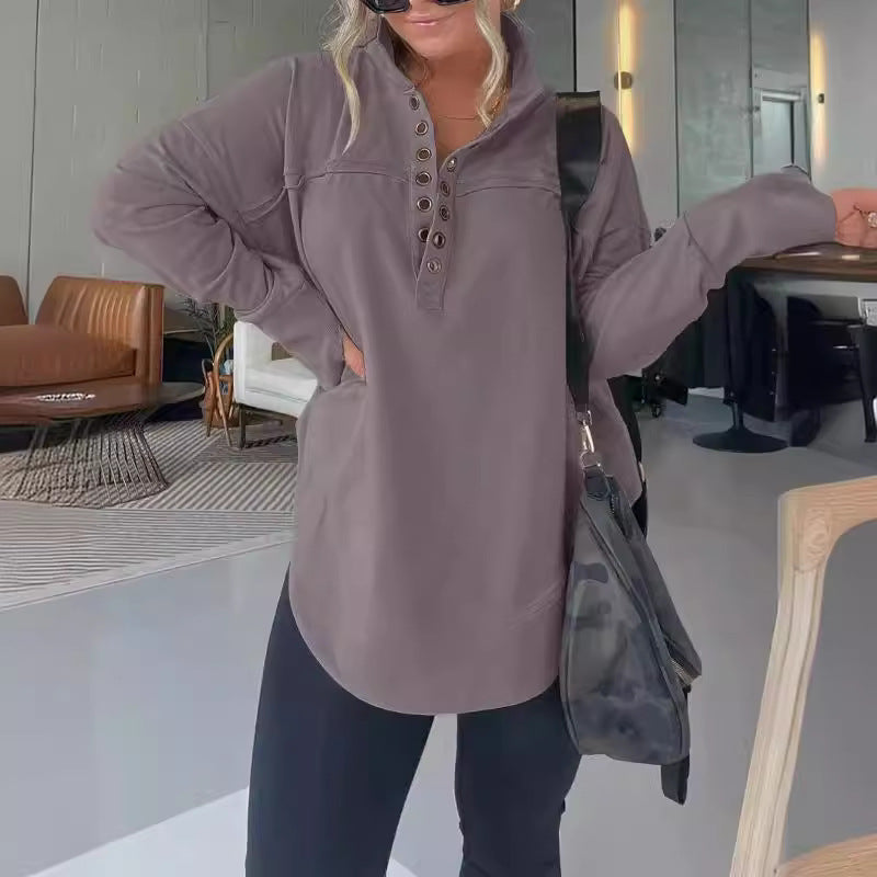 Sudadera informal de color liso con botones gruesos para mujer