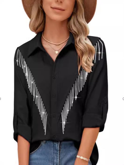 Blusa informal de manga larga con solapa y borlas de diamantes de imitación para mujer