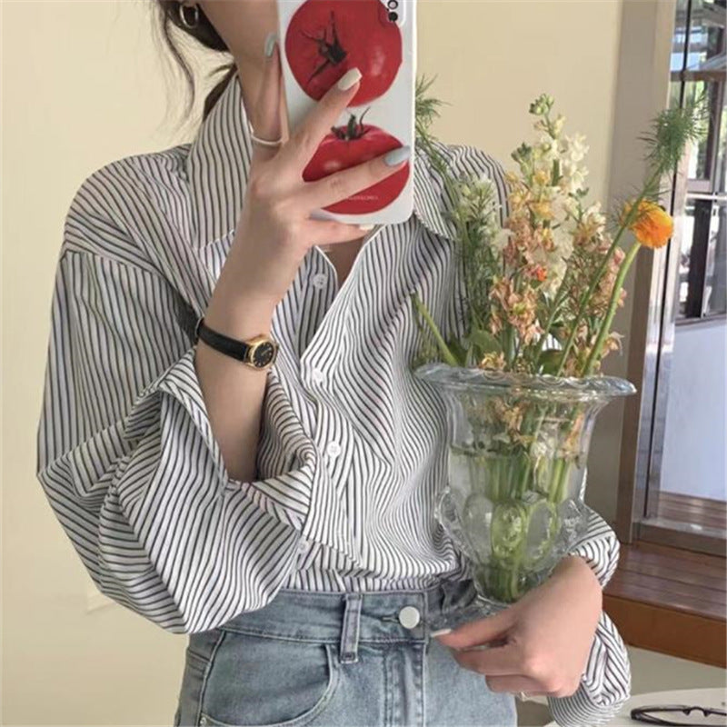 Blusa informal de manga larga con solapa y rayas irregulares para mujer